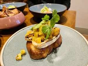Brie & Brioche v6 
Toasted house brioche with a salsa of shallot, coriander, lime & pineapple. Finished with melted brie & caramelised pineapple.  at No. Twelve in Nottingham