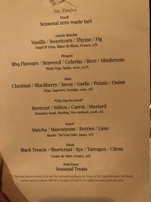 The menu  at No. Twelve in Nottingham