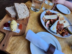 Tuxford mill bread with miso butter, beetroot puree, and  quince jelly. Really comfort and tasty in season. Then the faux prucitto and cheese sharer. Crackers, nuts and Stilton ama at No. Twelve in Nottingham