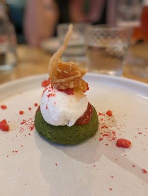 One of the deserts - a savoury basil sponge filled with strawberry, topped with a vanilla and sherbet cream and a piece of fried pastry at No. Twelve in Nottingham