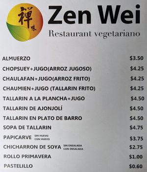 Menu, April 2023 at Zen Wei in Riobamba