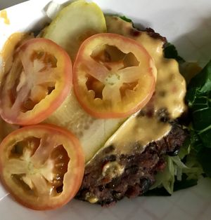 California Burger. Sad version where they forgot all the fixings, but remembered the soggy pickled I asked to be omitted. The collard leaf was not even big enough to cover ½ the burger. at PLANTA Burger in Toronto