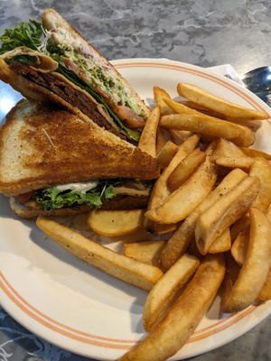 Turtle sandwich (turkey, bacon, tomato, avocado, lettuce, sprouts, aoli) with fries at Wicked Willow in Stevens Point