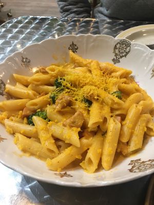 Mac and cheese with “hot dogs” and broccoli  at Wicked Willow in Stevens Point