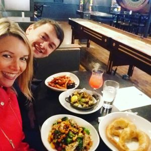 Harvest bowl, sweet pt fries, Brussels sprouts, pretzel with mustard! at Great Dane Pub & Brewing Company in Madison