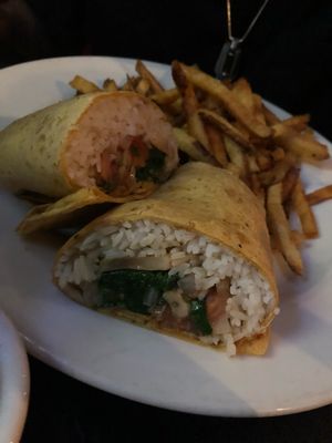 Vegan wrap with veggies (mushrooms, rice, tomatoes, sautéed onions, spinach)   at The Phoenix on Westheimer in Houston