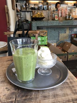 I was very hungry and heated, so took a green smoothie and soy ice cream. A bit strange match.. at Medel Deli  in Tokyo