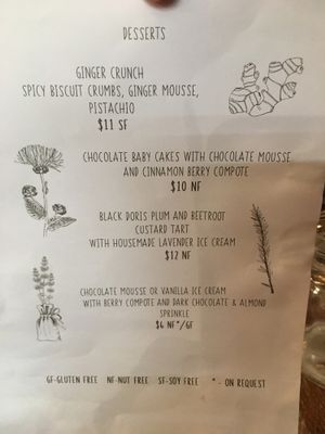 dessert menu  at Mara Restaurant in Wellington