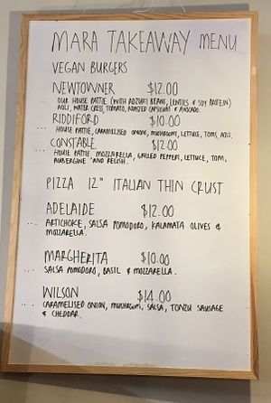 Takeaway burger and pizza menu at Mara Restaurant in Wellington