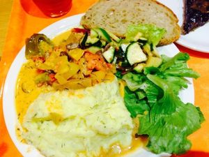 Tasty curry, mashed potato and salad at Soline in Lyon