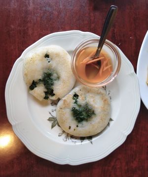 Rice pancakes w/chives at Bodhi Vegan in Paris