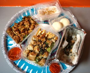 Delivery: Bo-bun + Crepes + "Chicken" w/ginger + Lotus dumplings + Rice w/taro at Bodhi Vegan in Paris