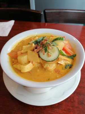 Chicken and Tofu curry soup at Bodhi Vegan in Paris