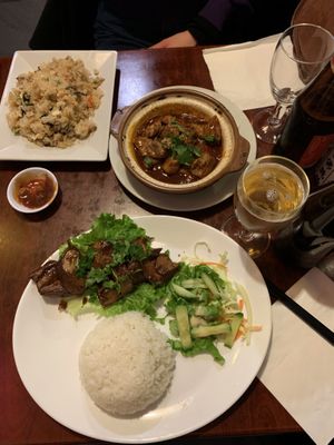 Fried rice, clay pot black pepper mock meat, mock duck and sticky rice😄 at Bodhi Vegan in Paris