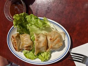 Dumplings! They tasted best with the accompanying sauce.  at Bodhi Vegan in Paris
