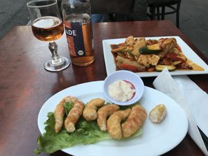 Battered “prawns” and cashew “chicken"  at Bodhi Vegan in Paris