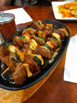 Beef skewers at Bodhi Vegan in Paris