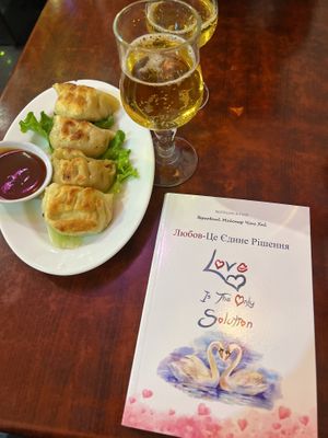 Grilled dumplings, Saigon beer and the book about veganism in Ukrainian   at Bodhi Vegan in Paris