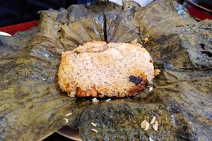 Rice with "chicken" wrapped in a lotus leaf at Bodhi Vegan in Paris