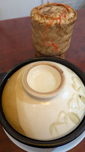 Chicken clay pot and sticky rice at Bodhi Vegan in Paris