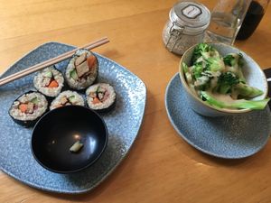 Tofu sushi + single dish (broccoli and cauliflower with almond sauce)  at Deshima in Amsterdam