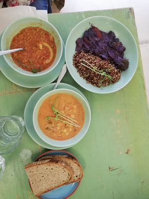 Lentil soup, chickpeas stew, broccoli and mushroom stew at Deshima in Amsterdam