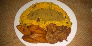 Cuscuz mama africa.(( Banana da terra ,cuscuz, molho de amendoim e carne de jaca) at Mama Africa in Sao Paulo