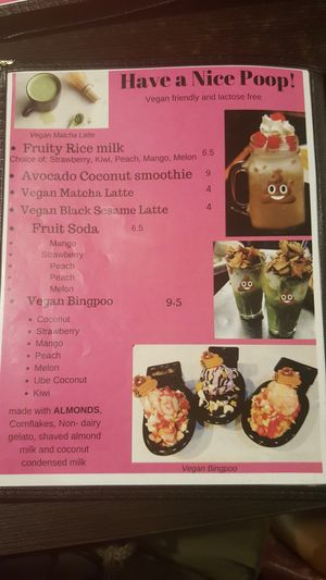 Vegan menu at Poop Cafe in Toronto