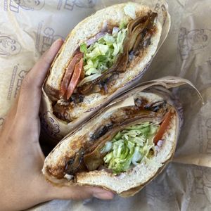 vegan purple goblin (vegan turkey, mushrooms, bbq sauce)  at Ike's - University Ave in San Diego