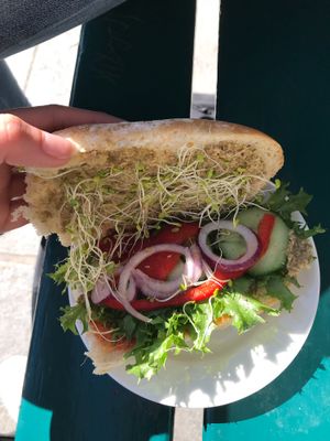 Vegan bun with fresh veggies (and sprouts!!) at Godt Brød Fløyen in Bergen
