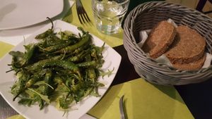 Fried Chilies on a bed of arugala (eaten on Dec 11, 2017) at Piperita in Casalnuovo Di Napoli