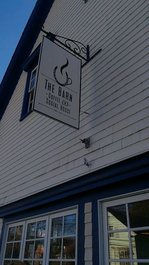sign at The Barn Coffee in Mahone Bay