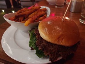 Impossible burger with sweet potato fries at DLUX in Madison
