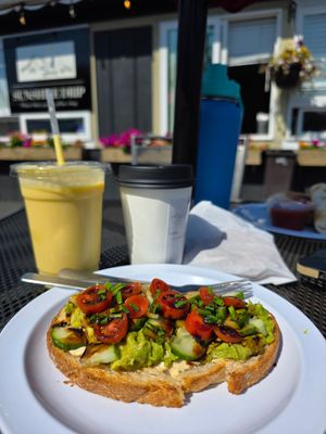 Whidbey Cuke toast (hold the cream cheese) and Tropical Sunshine smoothie at Sunshine Drip Coffee Lounge in Coupeville