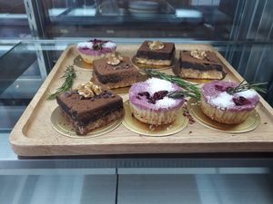 Vegan chocolate pie and raw vegan cheesecake at Rustic & Blue in Chiang Mai