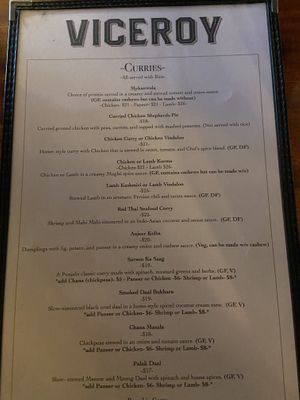 Menu  at Viceroy in Durham
