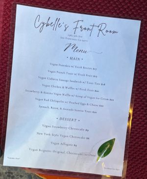 Vegan brunch menu at CyBelle's Front Room in San Francisco