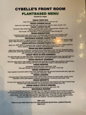Front side of the menu  at CyBelle's Front Room in San Francisco
