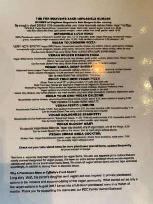 Back side of the menu  at CyBelle's Front Room in San Francisco