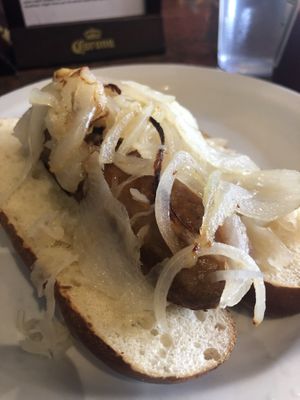 Hotdog on pretzel bun. Simple but tasty  at CyBelle's Front Room in San Francisco