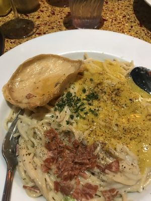 Vegan carbonara with a fried vegan egg!! at CyBelle's Front Room in San Francisco