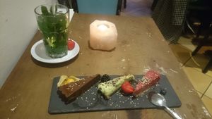 Trio of raw cheese cakes at Golden Temple in Amsterdam