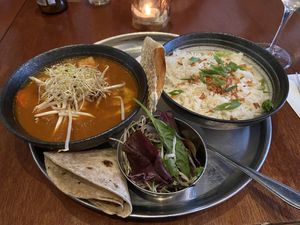 Tofu tikka masala: vegan version (you need to specify vegan despite the vegan marking on the menu!): quite good, but too spicy for me at Golden Temple in Amsterdam