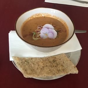 Soup if the day - tomato soup with coconut  at Golden Temple in Amsterdam