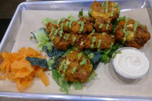 Buffalo Cauliflower:
Battered cauliflower. Habanero buffalo. Almond cilantro chimichurri. Ranch. at BoltCutter in Salt Lake City