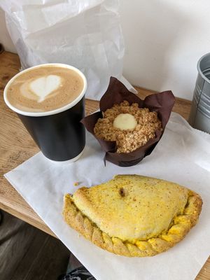 Pasty, apple custard muffin and decaf latte with soya milk. at Square Roots in Whitley Bay