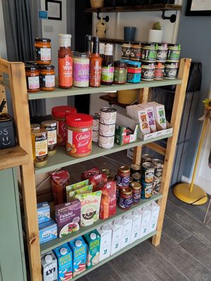 Selection of vegan essentials in the shop at Square Roots in Whitley Bay