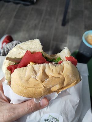 Pastrami and cheese bap with chilli jam and rocket at Square Roots in Whitley Bay