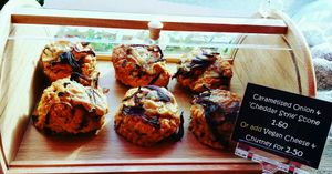 Cheese & Caramelised Onion Scones (vegan) at Square Roots in Whitley Bay