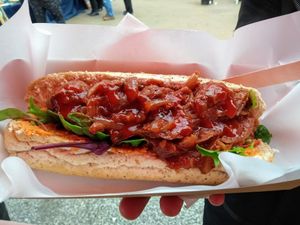 EatBalls with a Rich Tomato Sauce in a 7 inch Sub Roll (meatless meatballs) at Square Roots in Whitley Bay